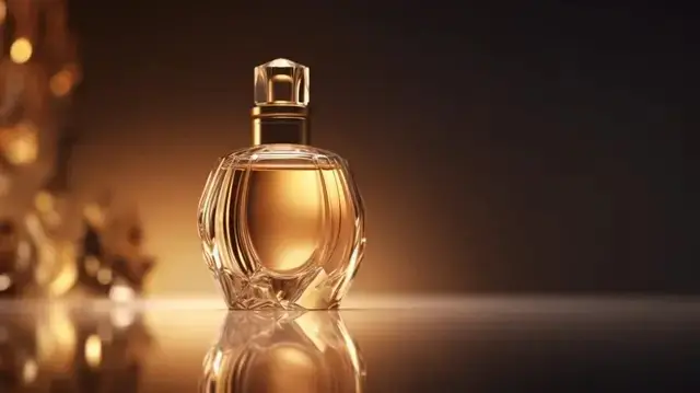 A close-up of a glass beaker with golden perfume concentrate.