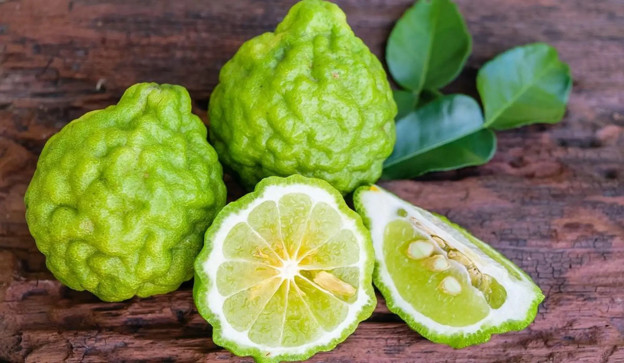 Fresh Bergamot fruits with green leaves.