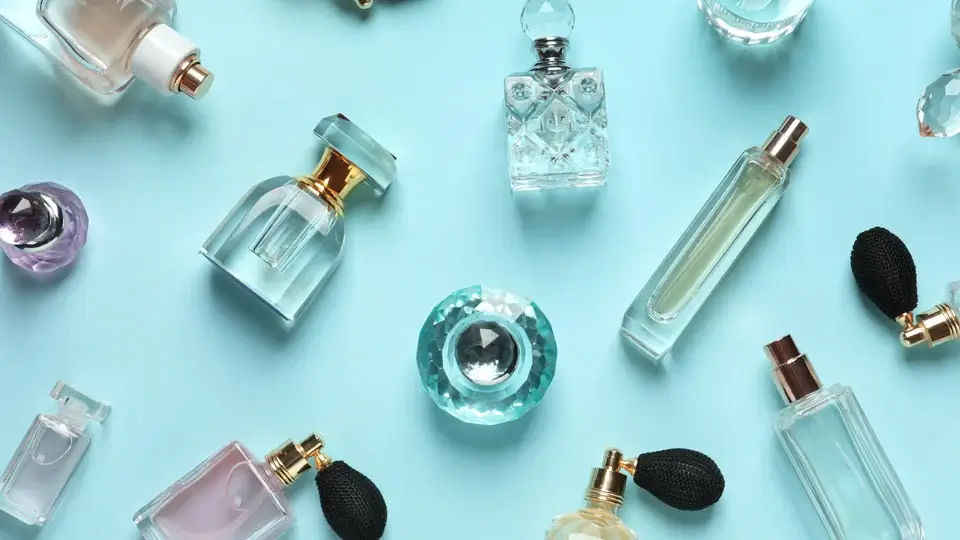 Several perfume bottles arranged like a personal collection.