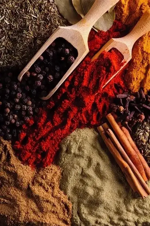 Hands holding various spices.