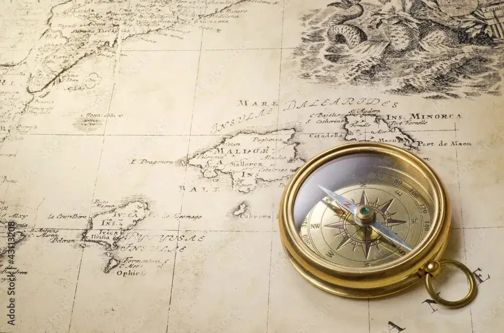 An old map with a compass.