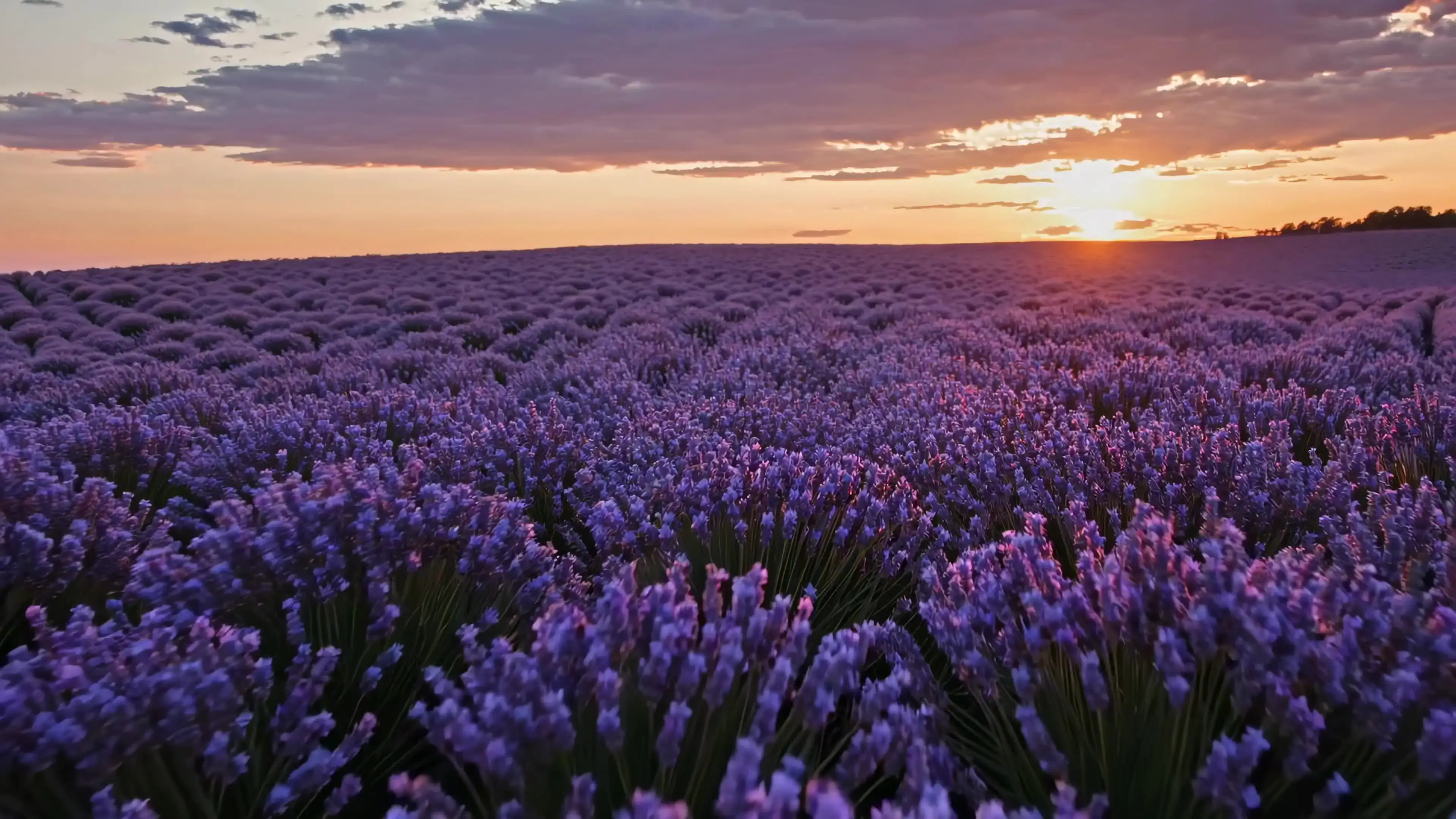 A field of lavender at sunset.