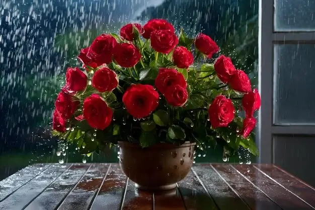 Dew on a rose petal.